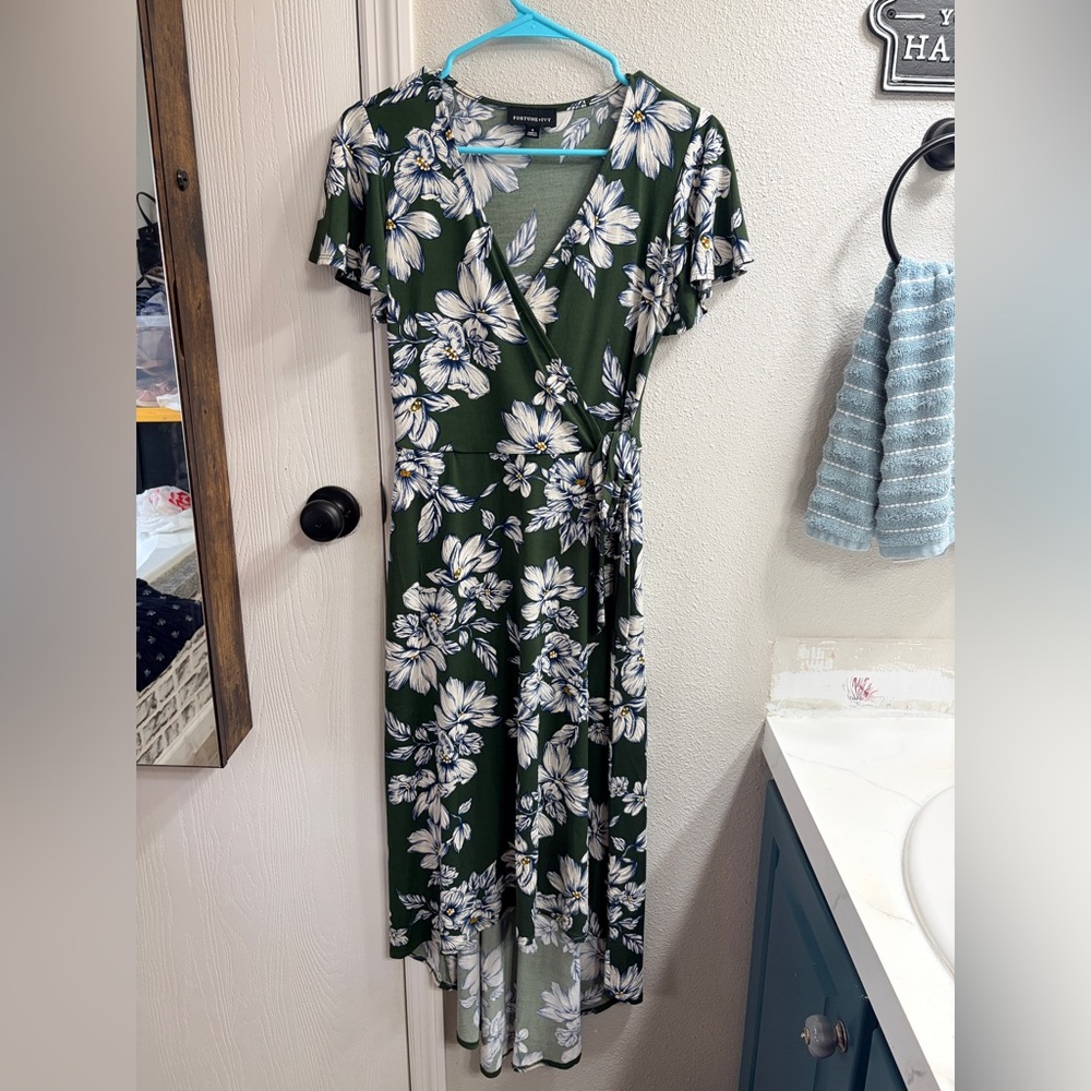 Floral Wrap Maxi Dress in Olive Green with White Blossoms